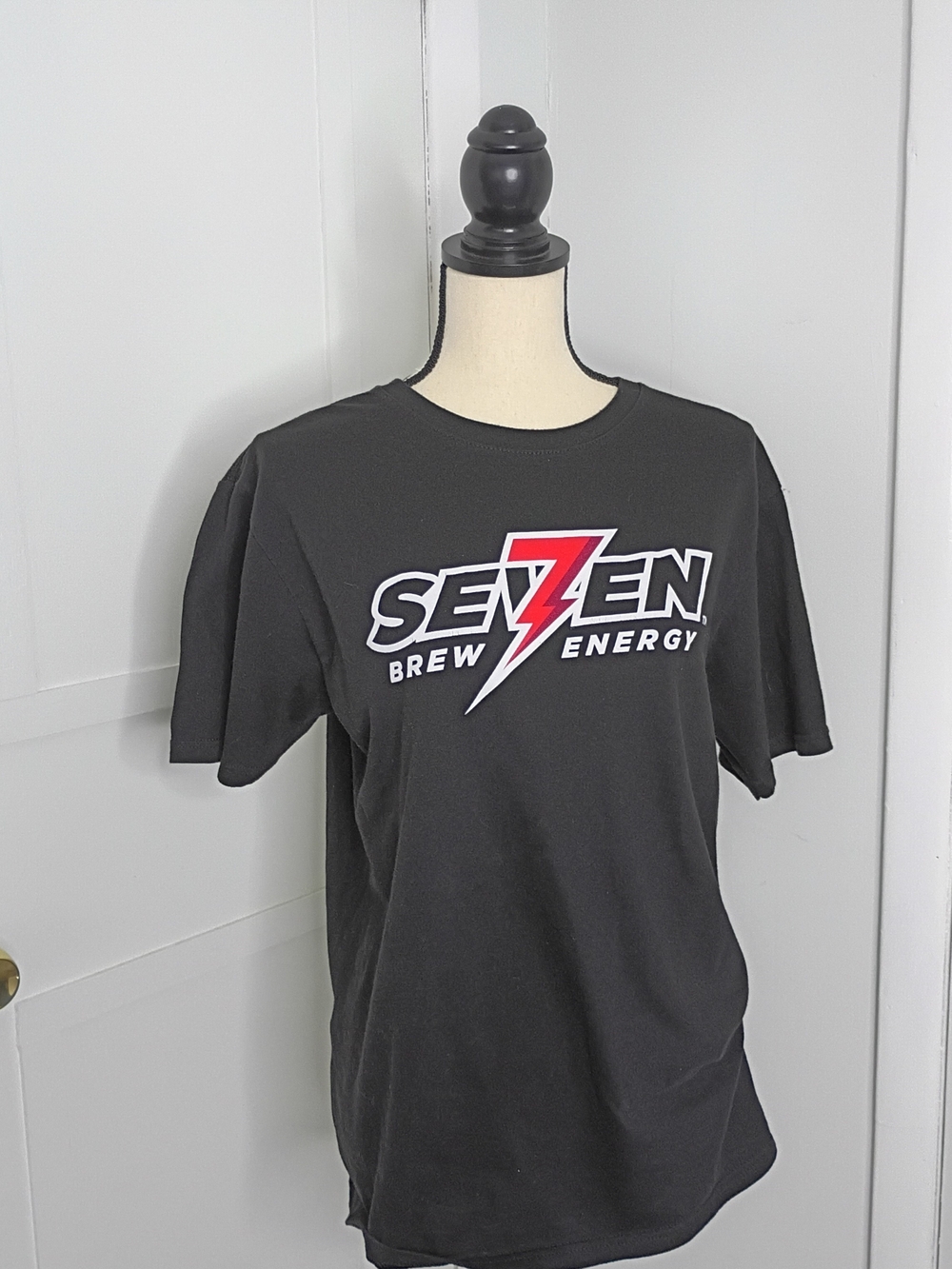 Seven7 Brew Energy Coffee Black Tee with Red & White Lightning Logo